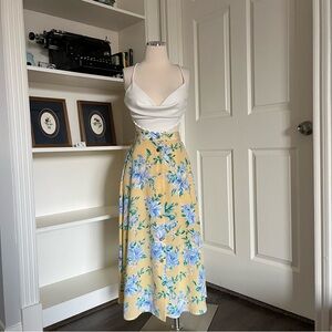 Yellow and blue floral maxi skirt with a button front